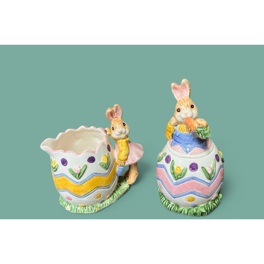 Fitz & Floyd Omnibus‎ Egg-Spress Bunny Rabbit Creamer And Sugar Bowl Spring READ